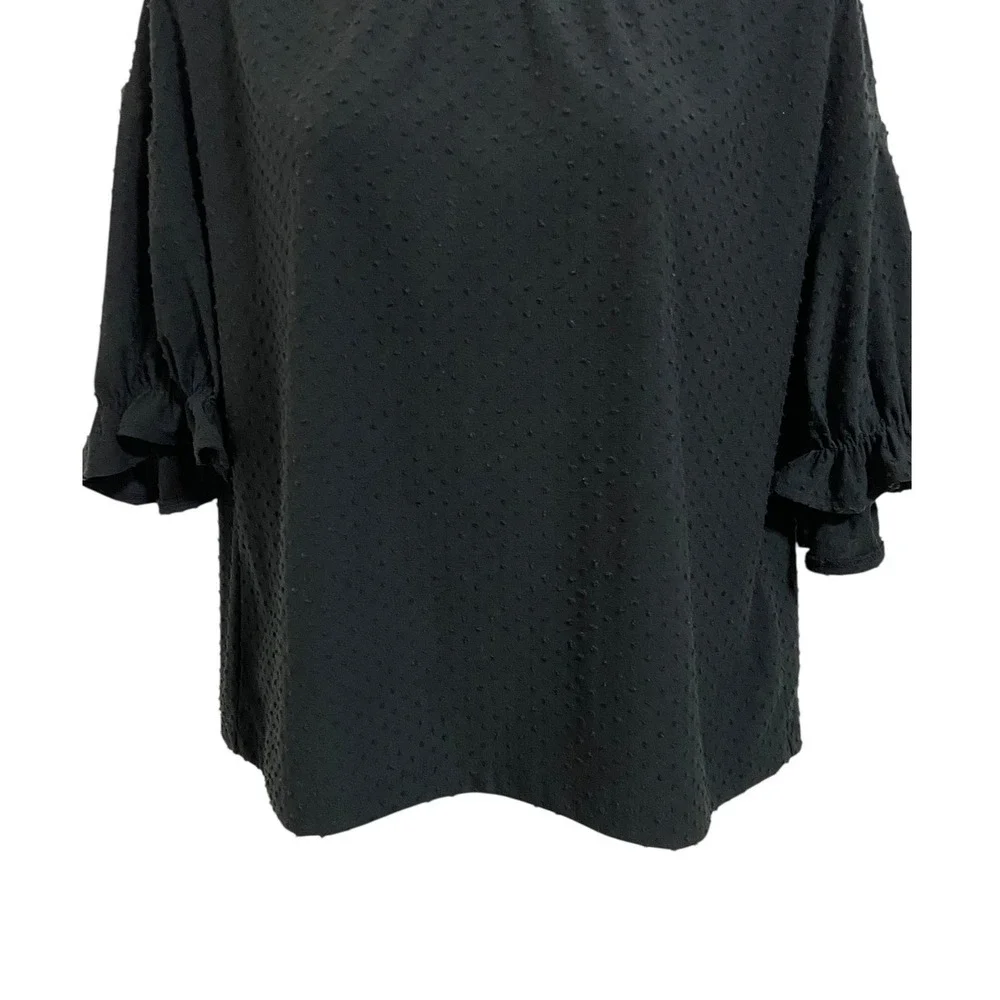Madewell Clipdot Mock‎ Neck Ruffle Top Black Classic Blouse Short Sleeve Size XS
